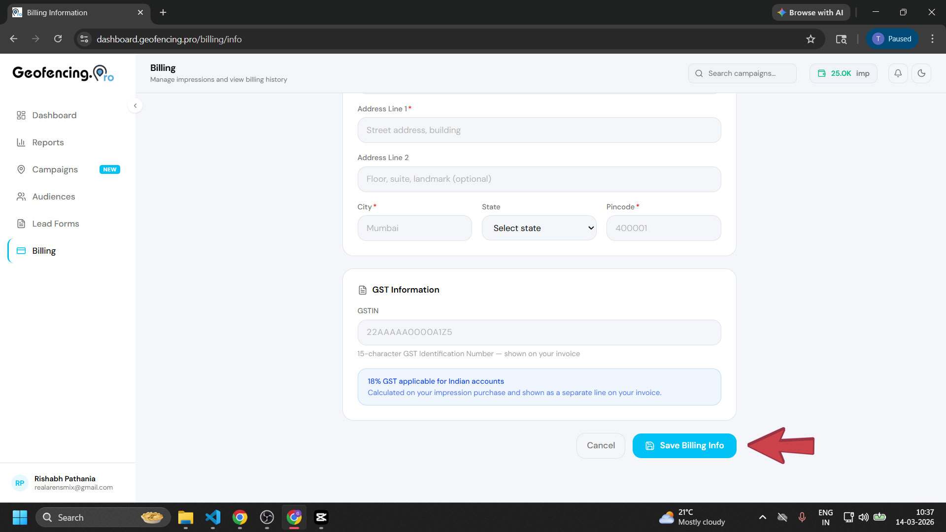 Billing information form filled with company name, GST and address details