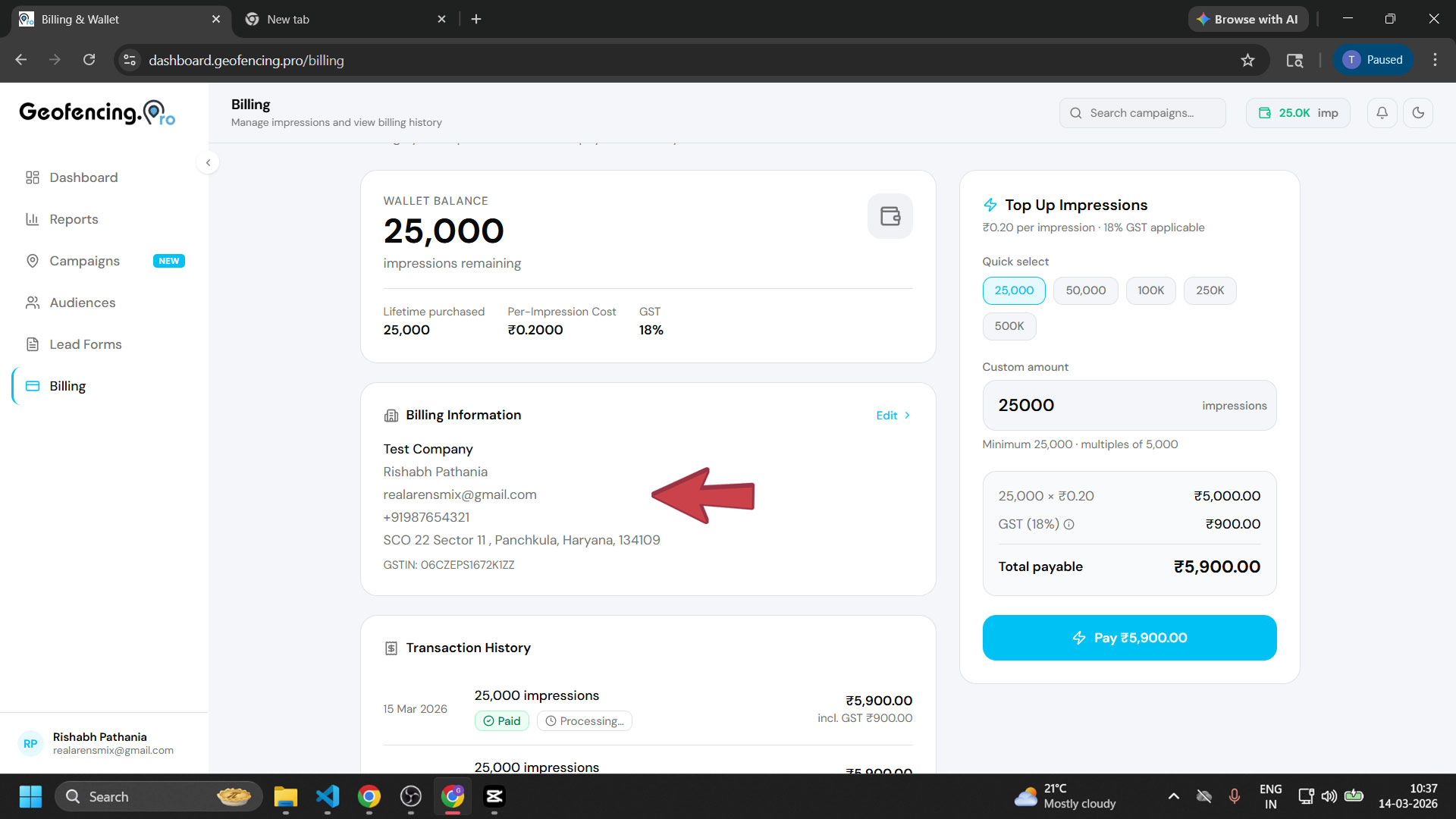Saved billing information with Edit button visible