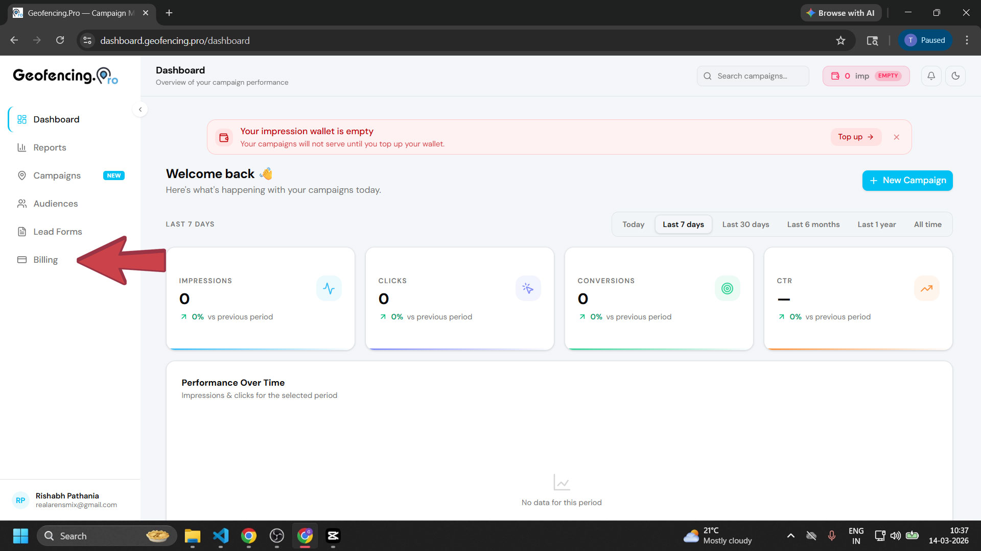 Billing option in the left sidebar of the dashboard