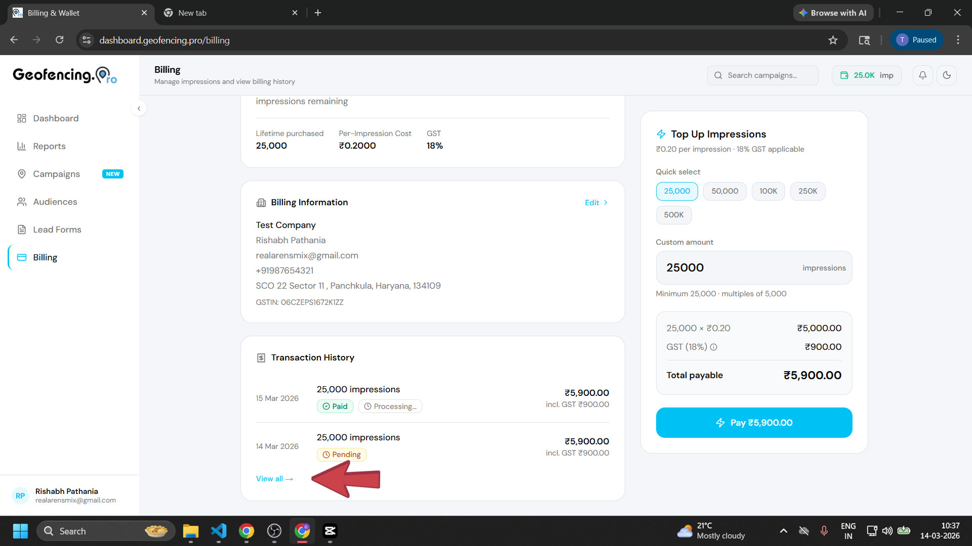 Partial transaction history shown on the billing page with View All button