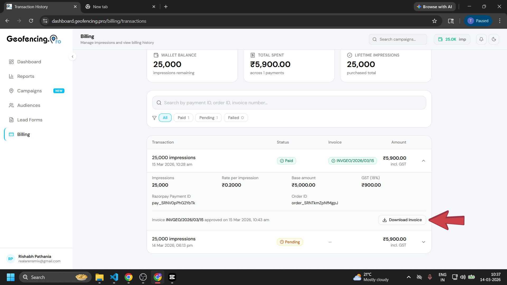 Download Invoice button inside an expanded paid transaction