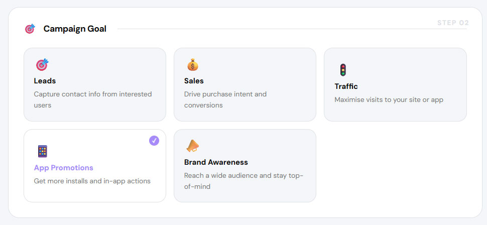 Campaign goal selection with App Promotion option highlighted