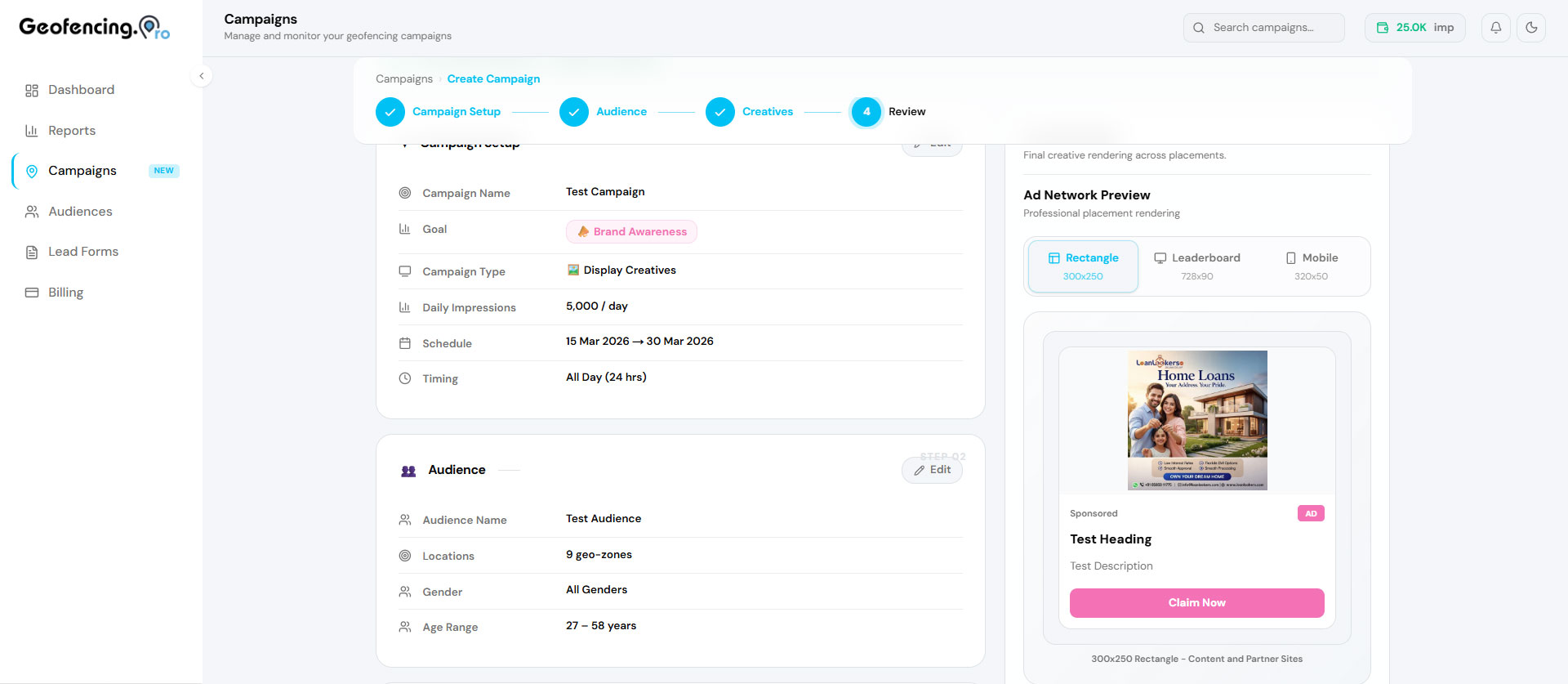 Final review page showing a full summary and live ad preview