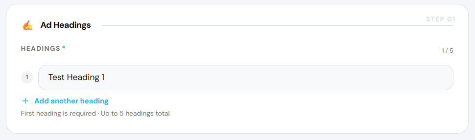 Ad headings input field in the Adset step