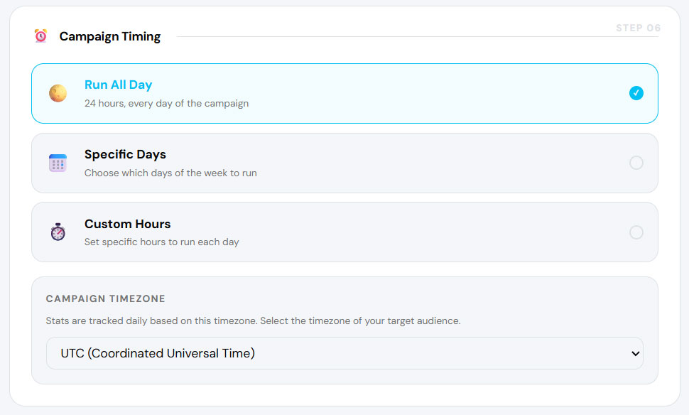 Campaign timings and timezone options