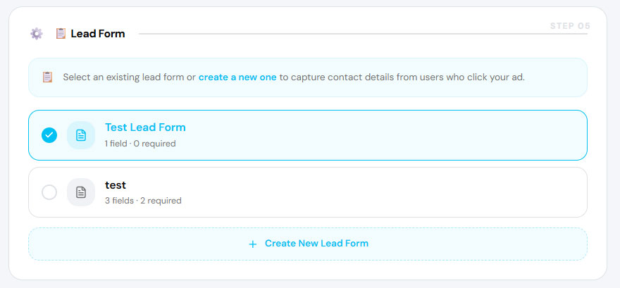 Lead form selector for Leads campaign