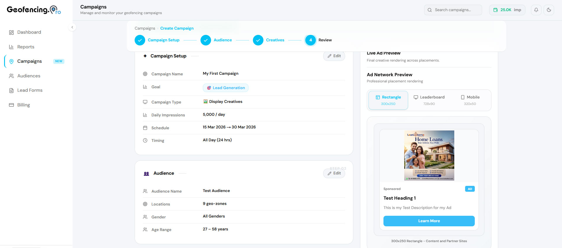Final review page showing a full summary and live ad preview