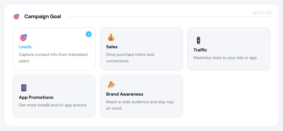 Campaign goal selection with Leads option highlighted