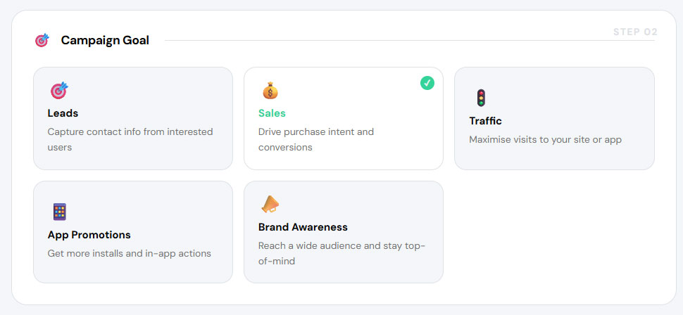 Campaign goal selection with Sales option highlighted