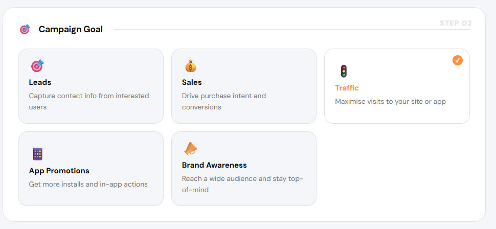 Campaign goal selection with Traffic option highlighted