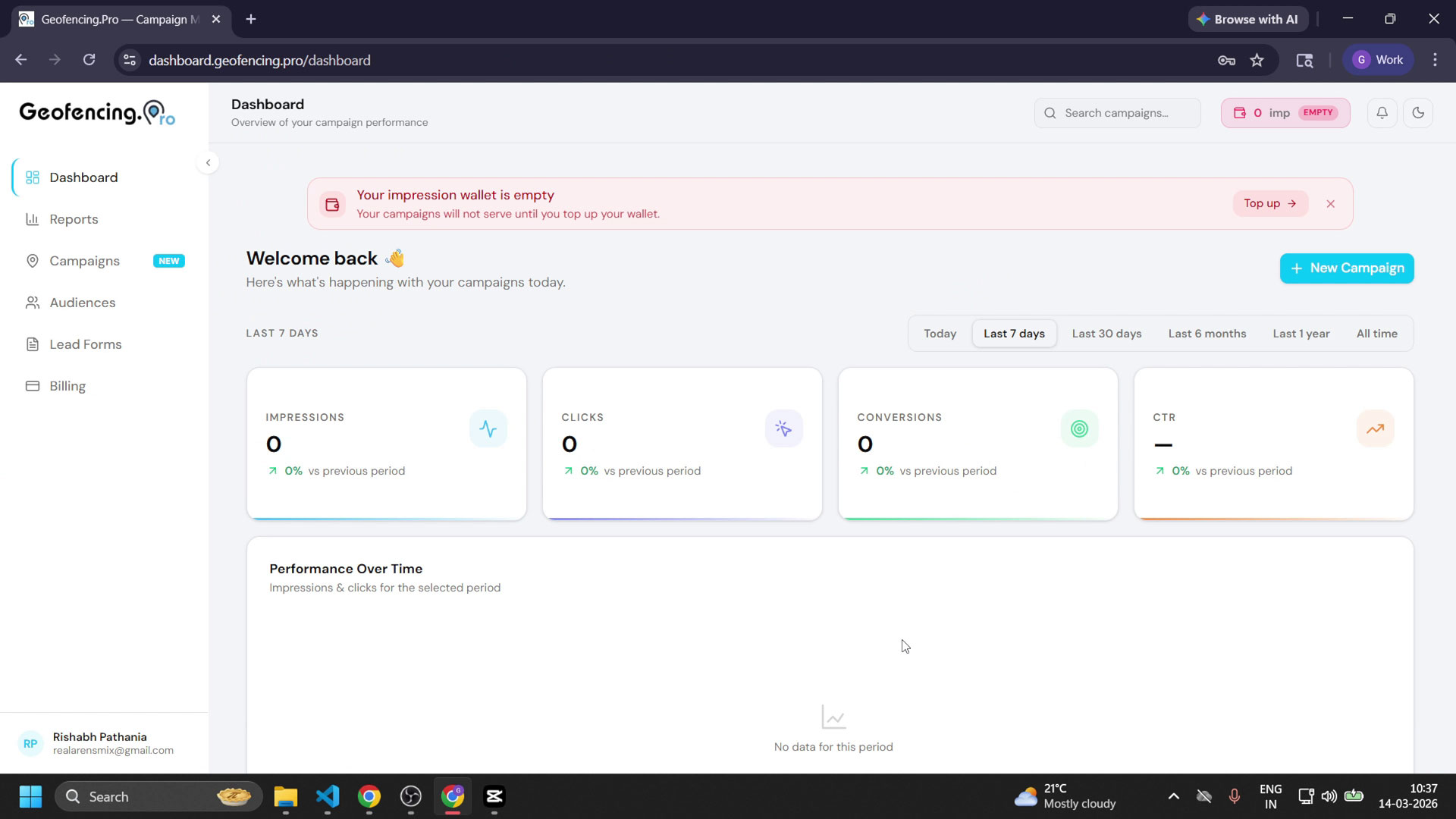 Dashboard home screen after successful account creation
