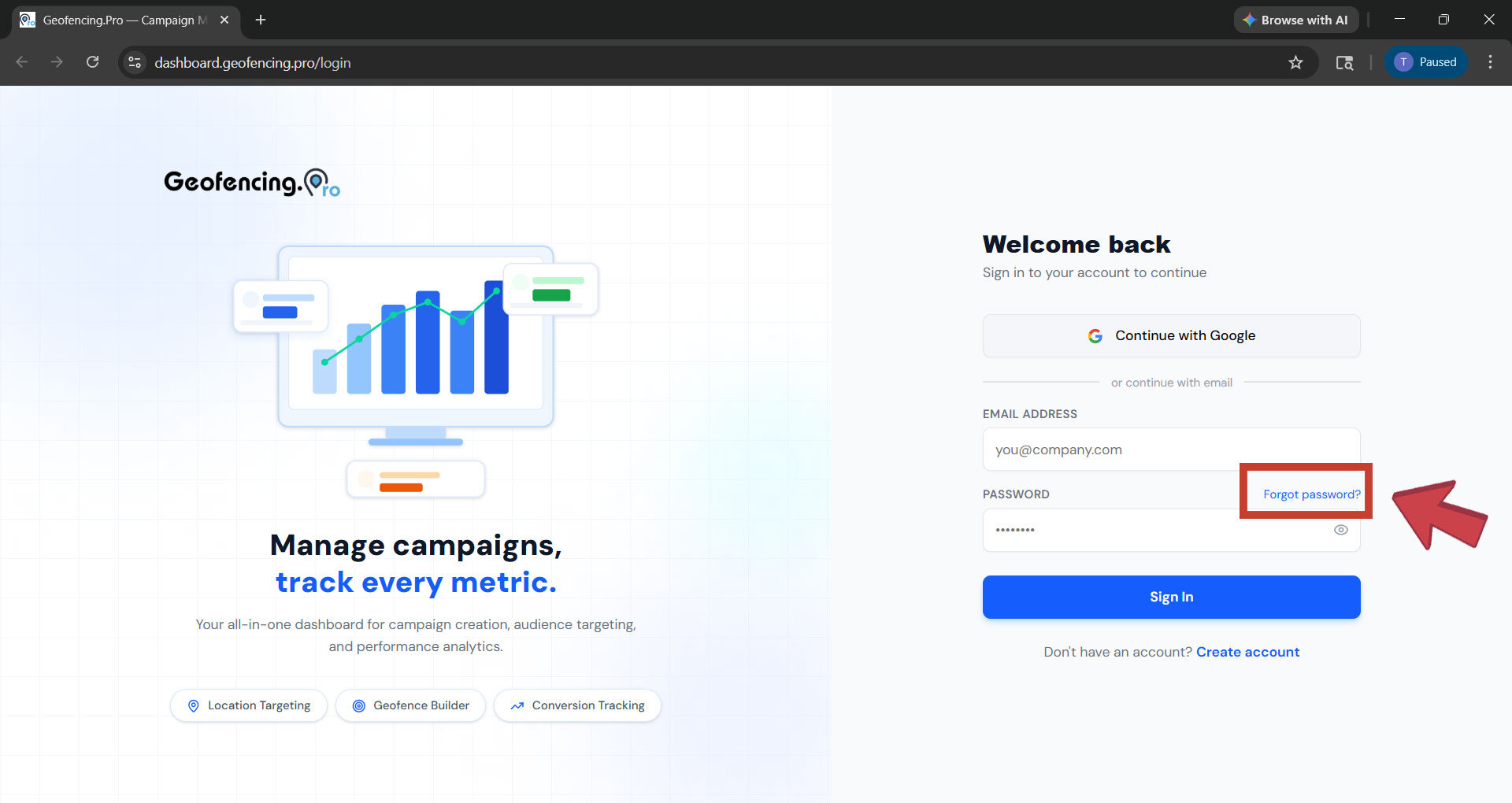 Forgot Password link on the login screen