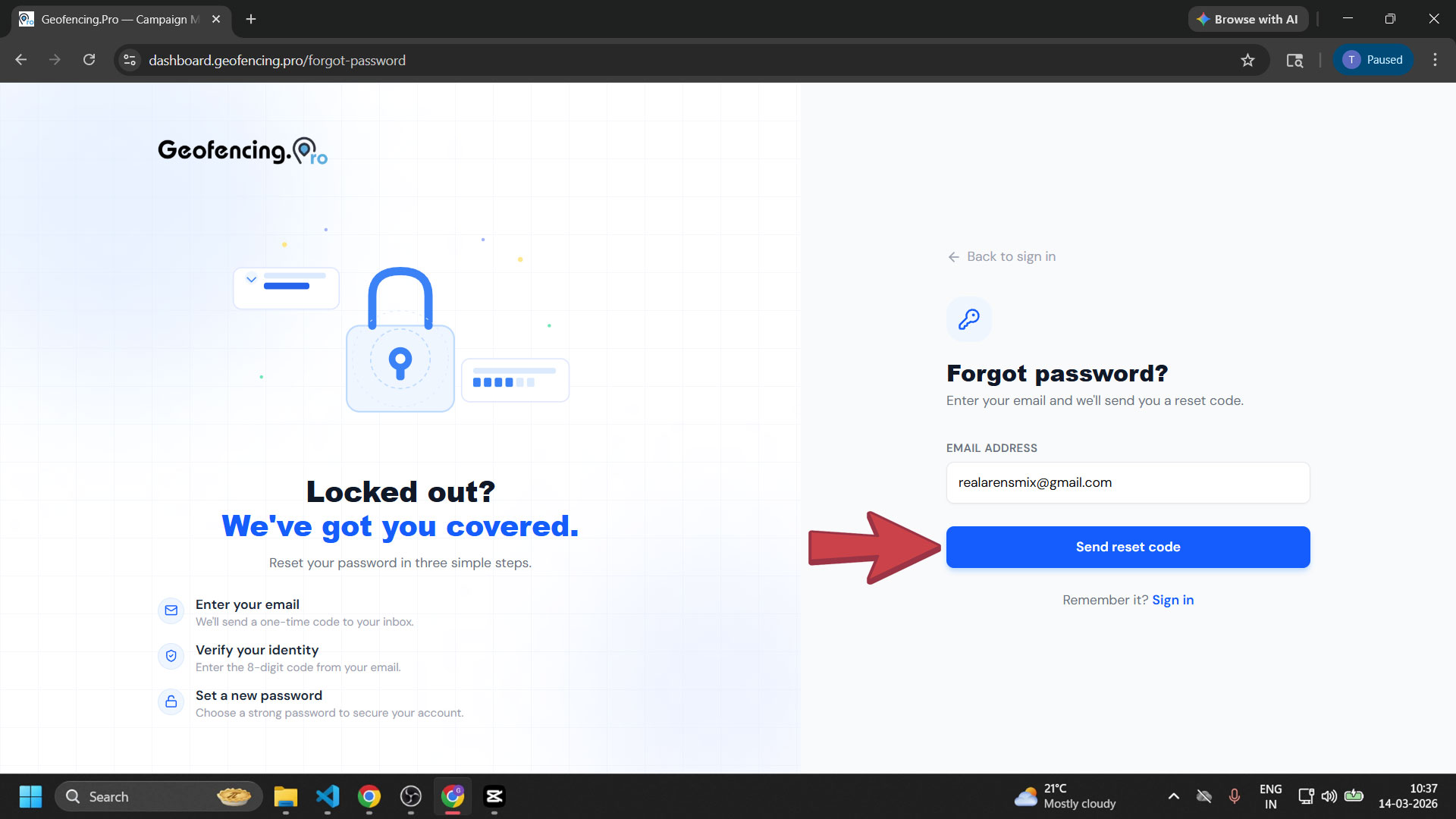 Email address input field on the forgot password page