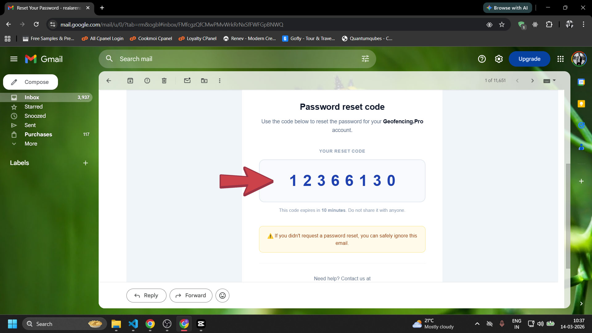 Email inbox showing the 8-digit verification code