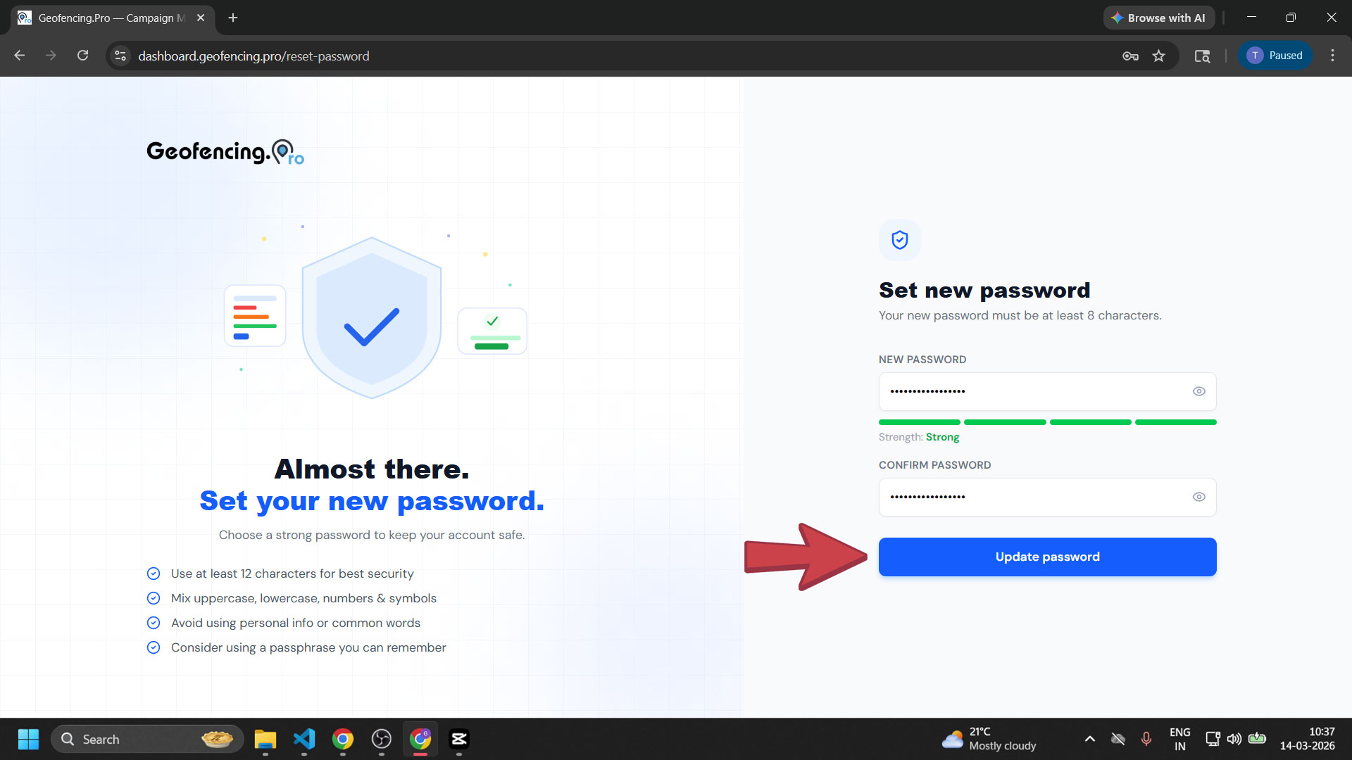 New password and confirm password input fields