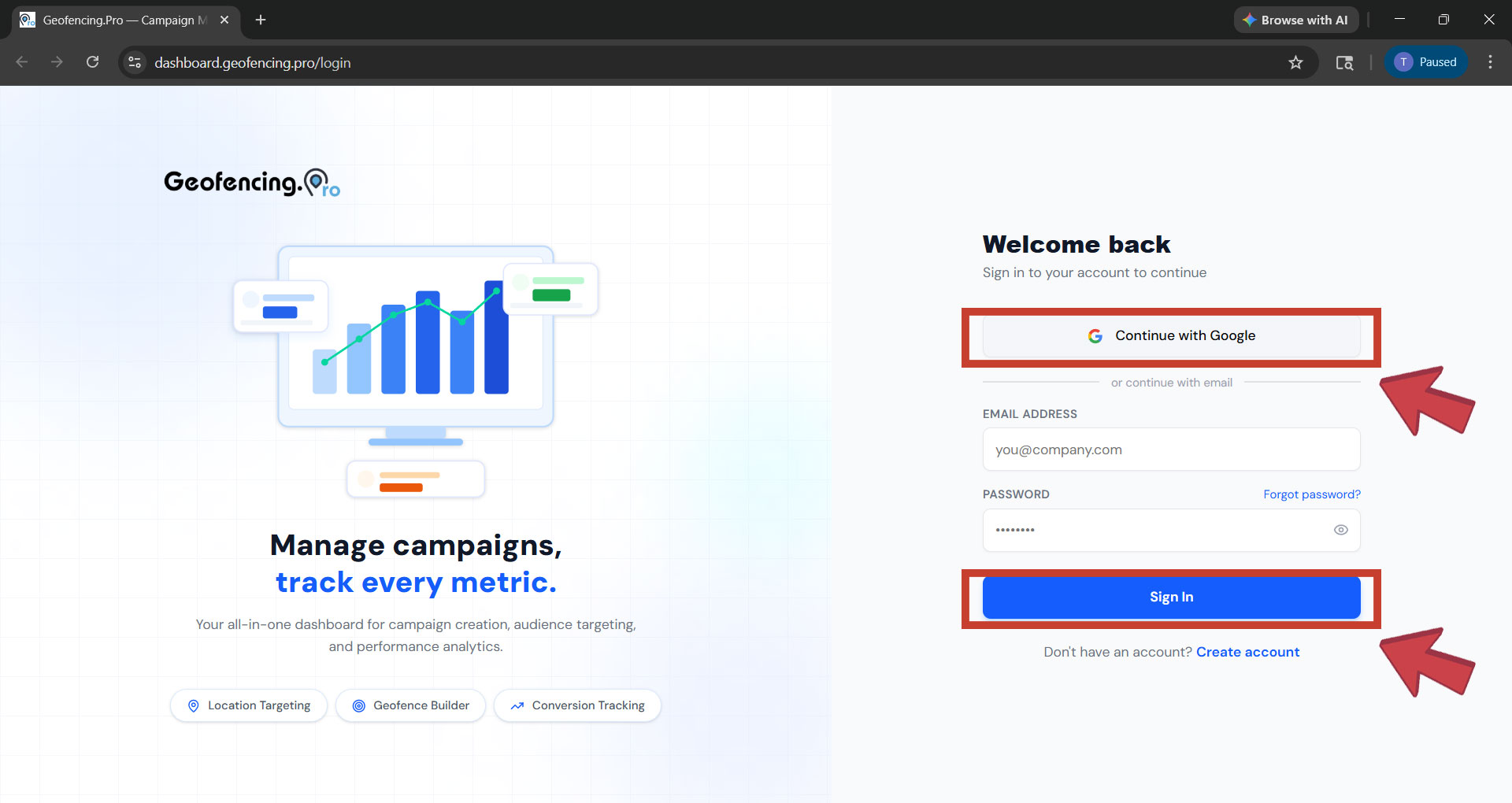 Sign-in options — Continue with Google or email and password