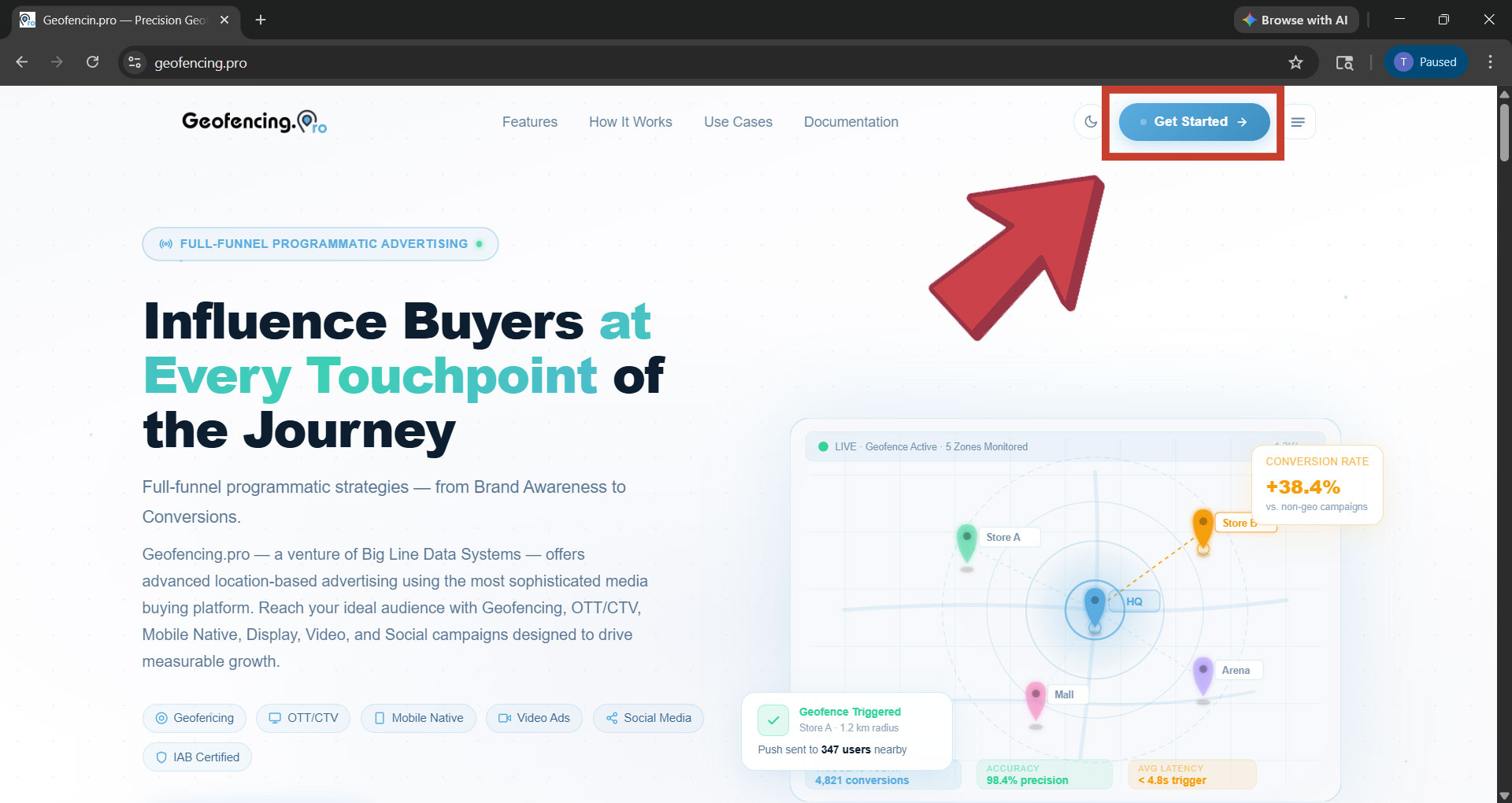 Geofencing.pro homepage with Get Started button