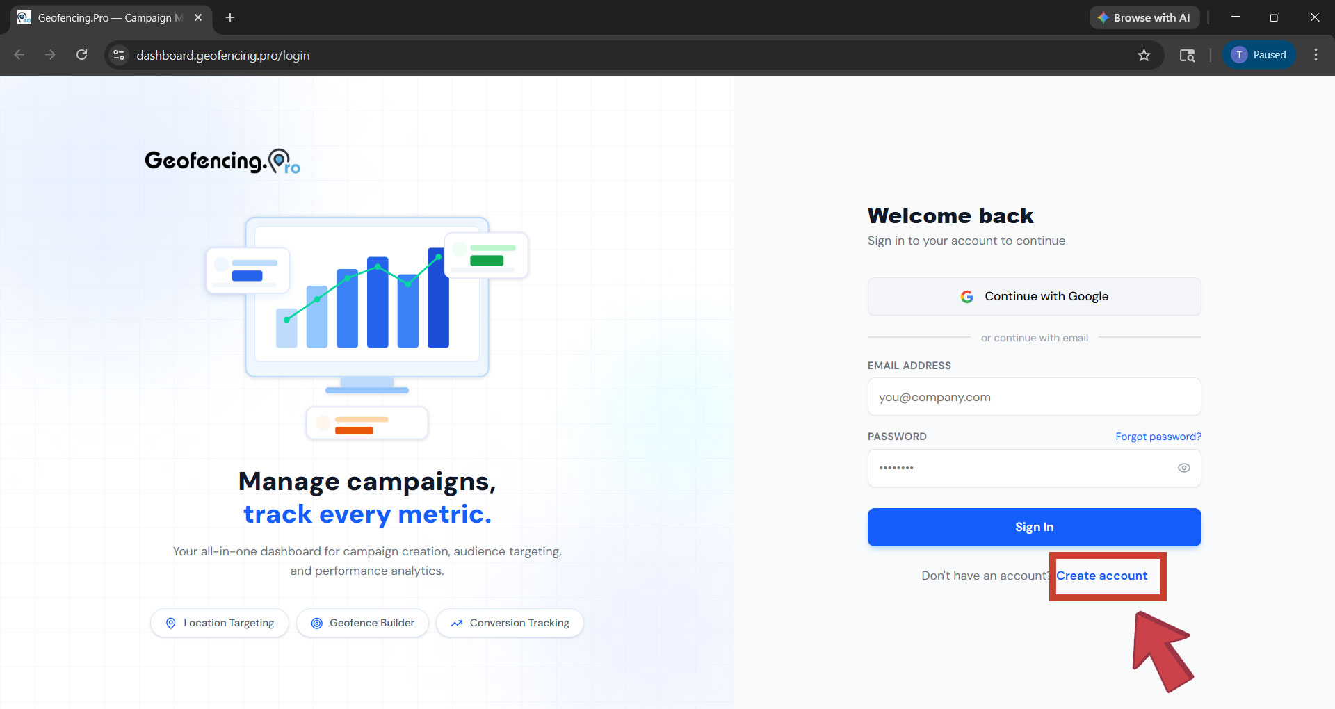 dashboard.geofencing.pro login screen