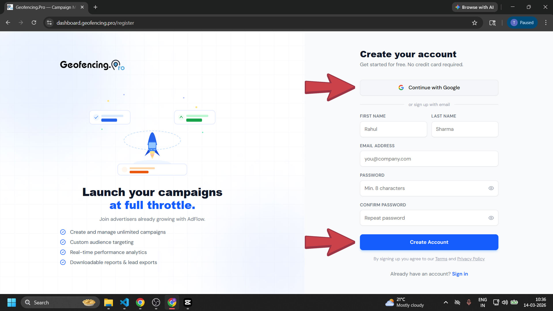 Sign-up options — Continue with Google or fill the form