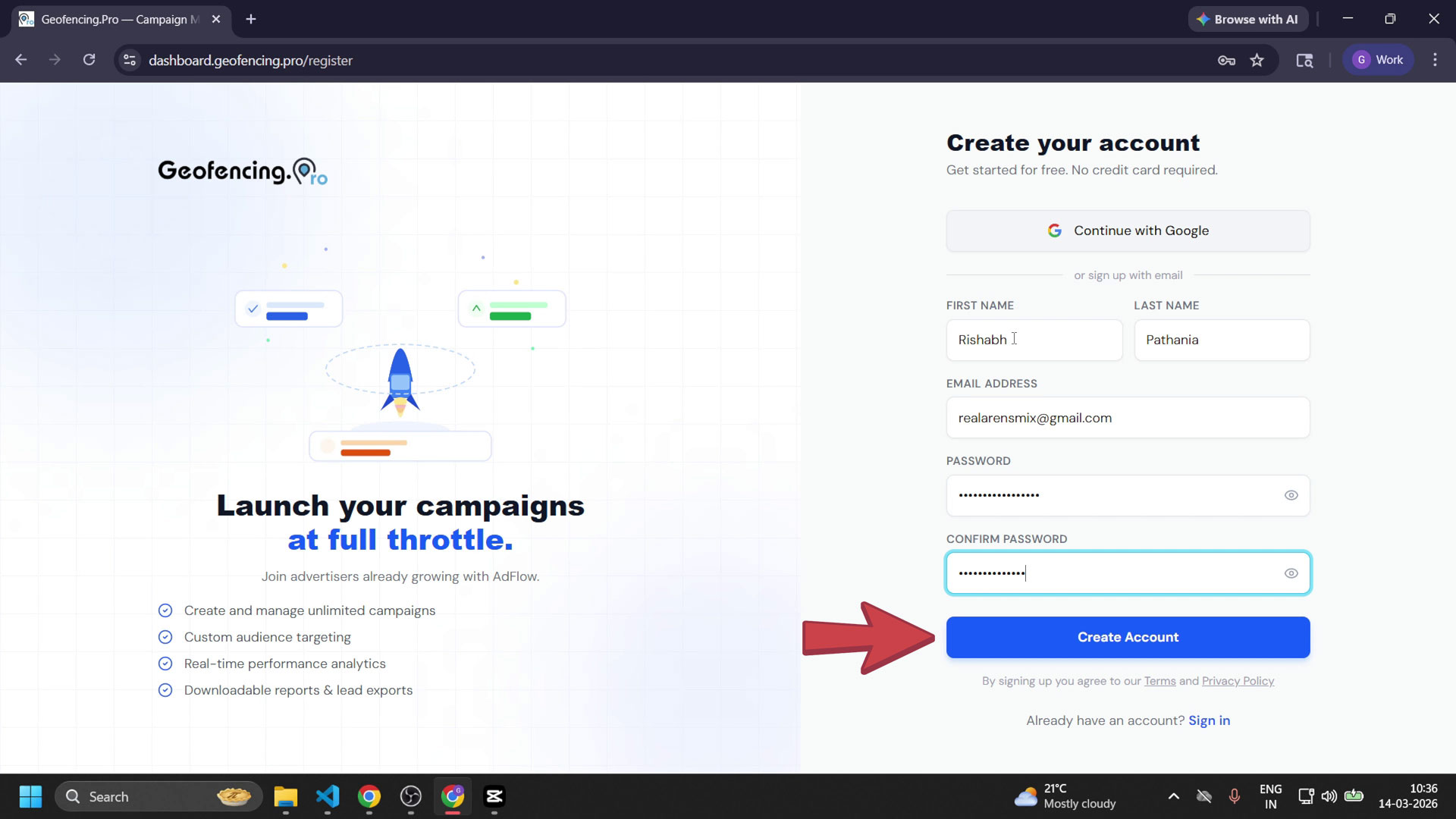 Sign-up form with First Name, Last Name, Email, Password, and Confirm Password fields
